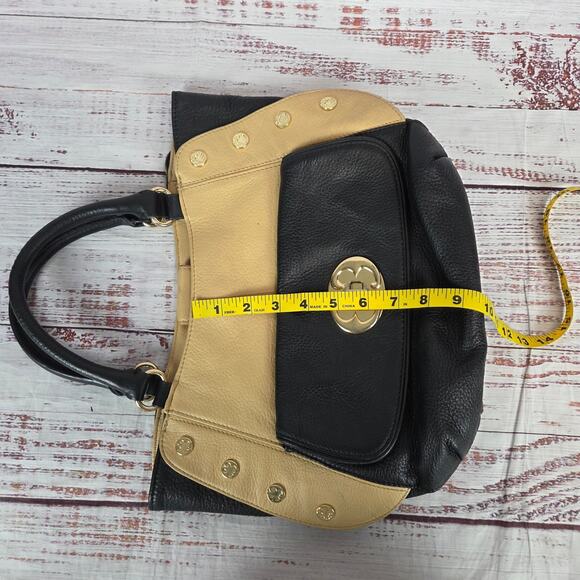 Emma Fox Black Tan Leather Top Dual Handle Satchel Purse Timeless Designer Bag - Picture 11 of 13